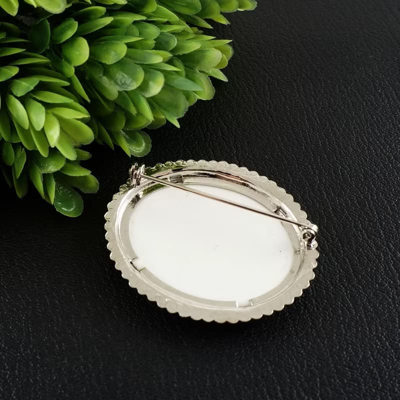 Porcelain Cameo Retro Girls Photo Portrait Gray Oval Brooch Pin Woman Jewelry