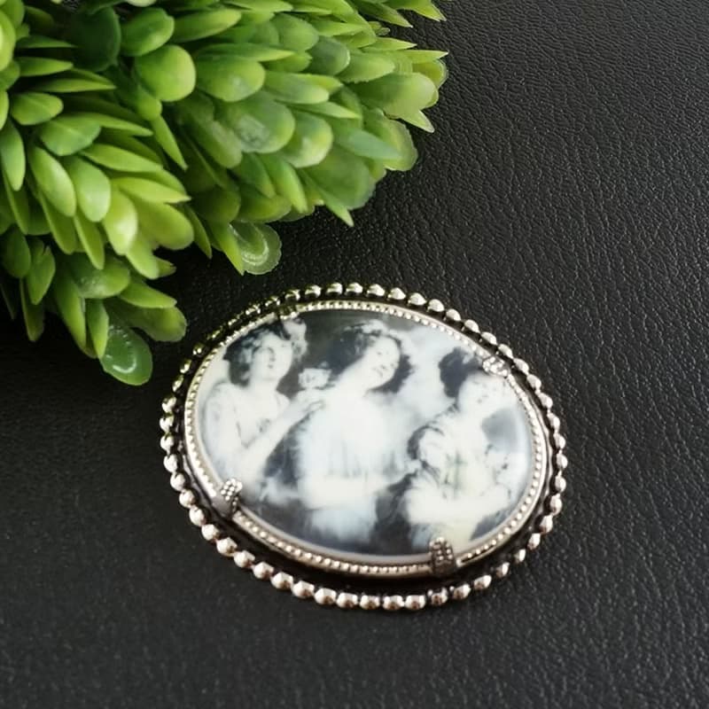 Porcelain Cameo Retro Girls Photo Portrait Gray Oval Brooch Pin Woman Jewelry