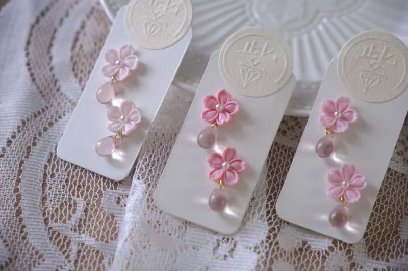 紫式- 櫻花水滴耳環 細工花布花 -