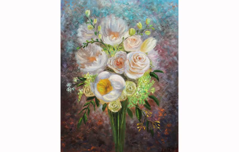 White Peonies and Roses painting Original Flowers Art Bouquet Artwork Floral art