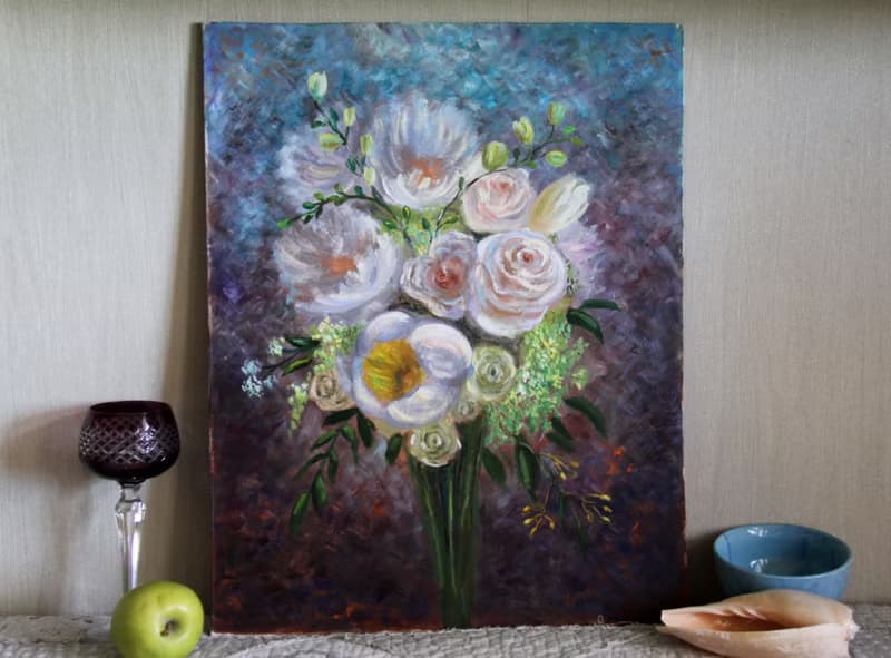 White Peonies and Roses painting Original Flowers Art Bouquet Artwork Floral art