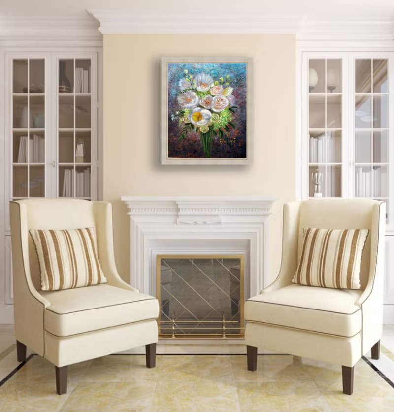 White Peonies and Roses painting Original Flowers Art Bouquet Artwork Floral art