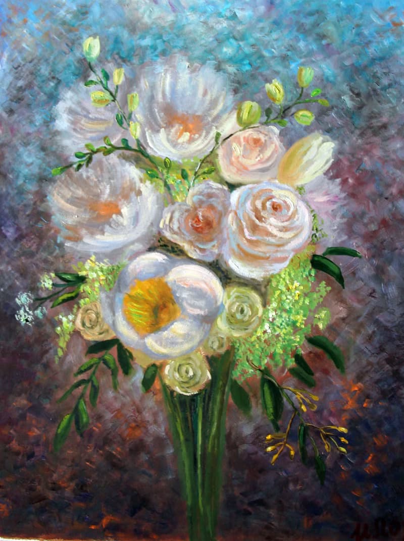 White Peonies and Roses painting Original Flowers Art Bouquet Artwork Floral art