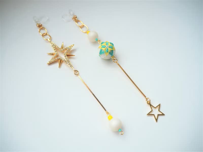 tachibanaya Blue Star Japanese TEMARI アシンメトリー earrings 日本的傳統工藝 手鞠球 刺繡 耳環
