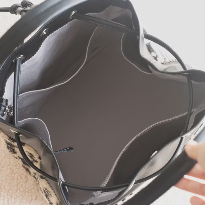 冬新品 束口水桶型托特 黑色PUx豹紋羊羔絨 輕便隨性大容量