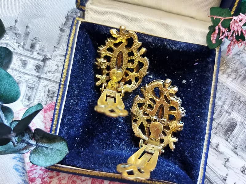 現貨在台-Art綠松石鍍金花卉耳夾【美國古董老件時尚珠寶】