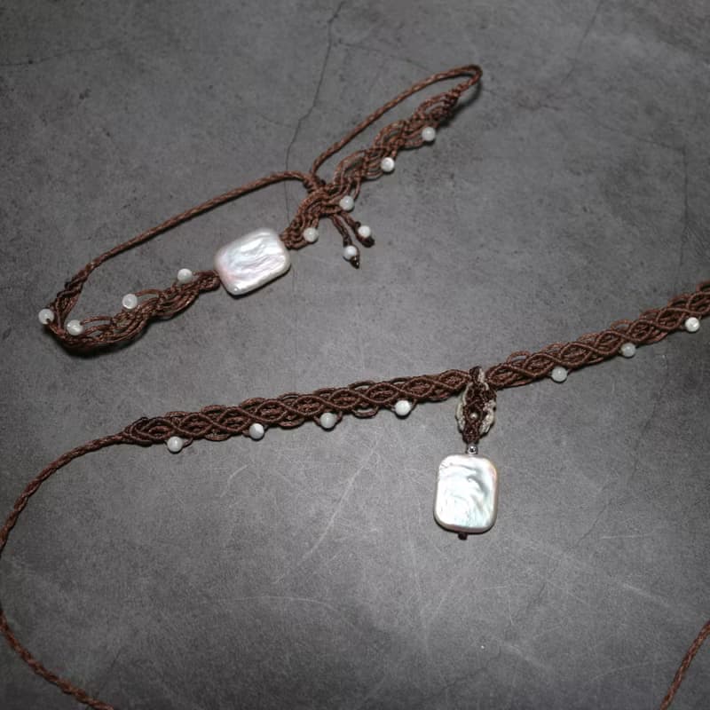 天然石巴洛克珍珠蠟線編織頸鏈手鍊