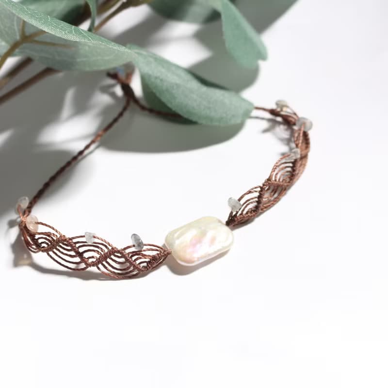 天然石巴洛克珍珠蠟線編織頸鏈手鍊