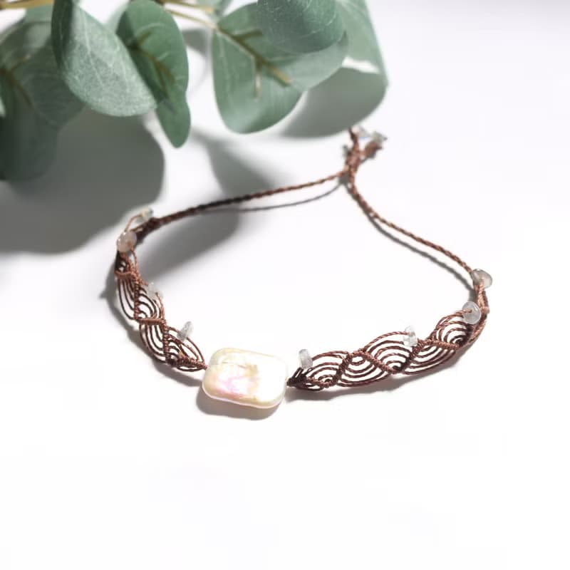 天然石巴洛克珍珠蠟線編織頸鏈手鍊