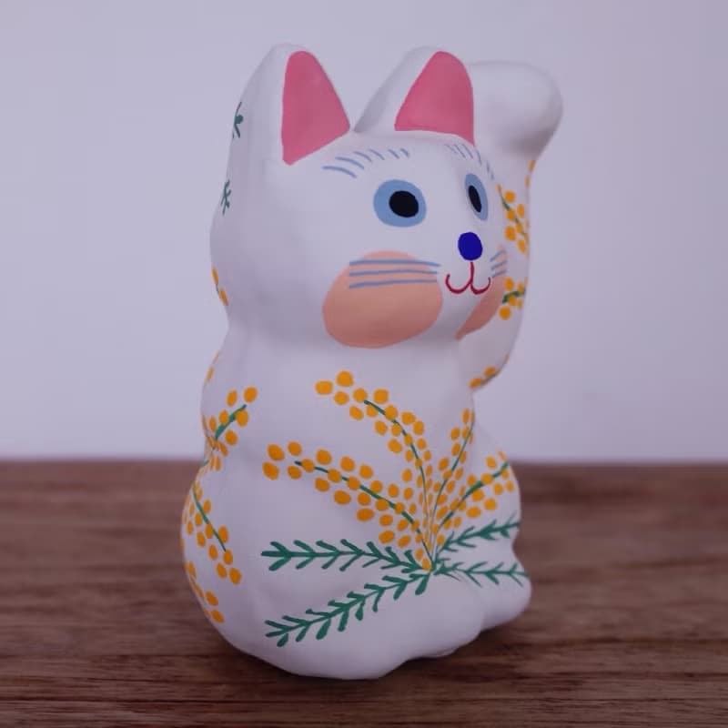 招き猫　ミモザ柄　左手招き