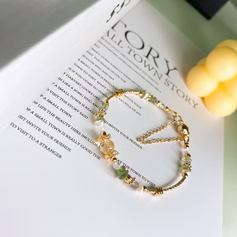 松間微曦 黃水晶 綠磷灰石 天然珍珠 拉長石 磁吸扣水晶手鍊