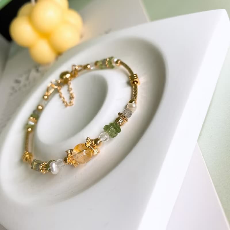 松間微曦 黃水晶 綠磷灰石 天然珍珠 拉長石 磁吸扣水晶手鍊