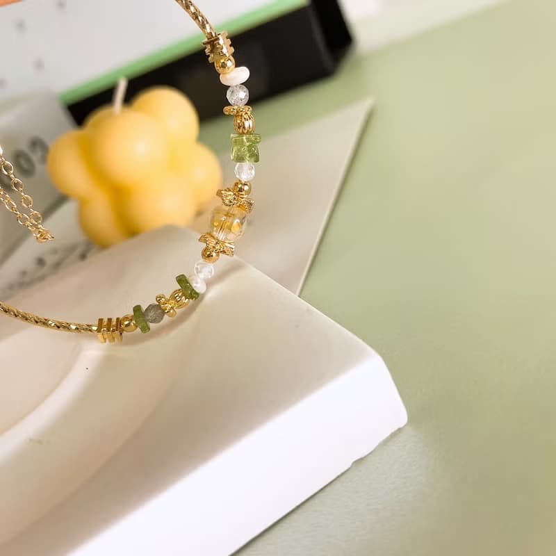 松間微曦 黃水晶 綠磷灰石 天然珍珠 拉長石 磁吸扣水晶手鍊