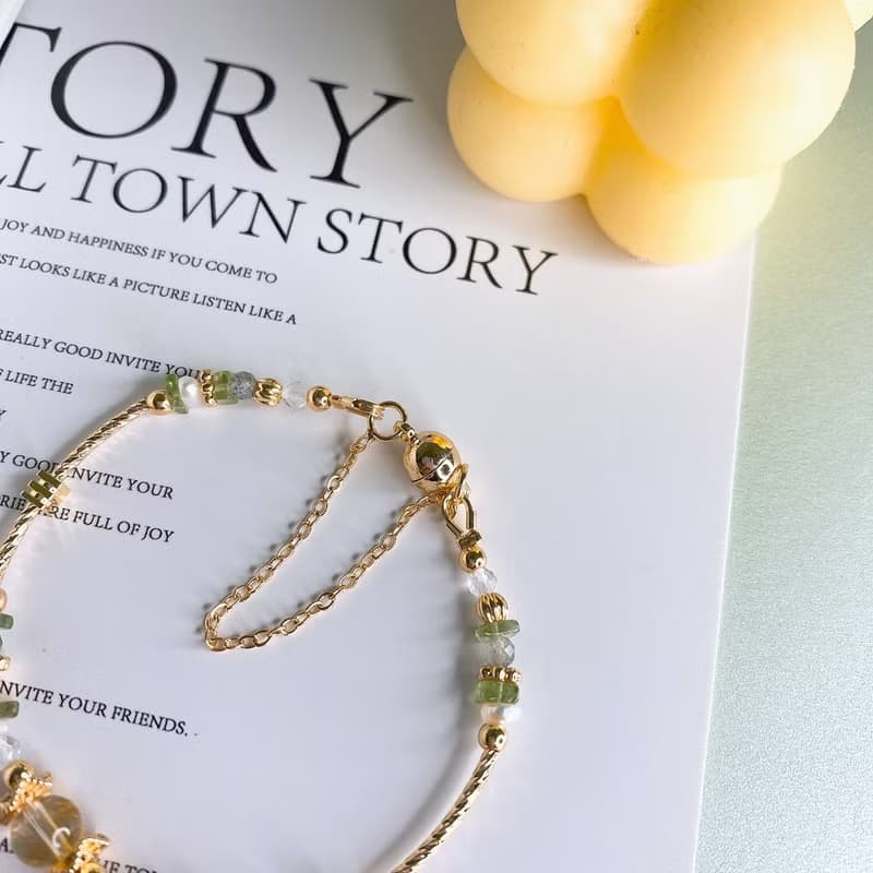 松間微曦 黃水晶 綠磷灰石 天然珍珠 拉長石 磁吸扣水晶手鍊