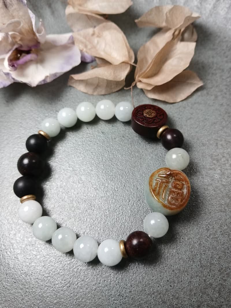 珠串雕刻手鍊-福來運轉 紅皮油青種緬甸玉+黑曜+紫檀