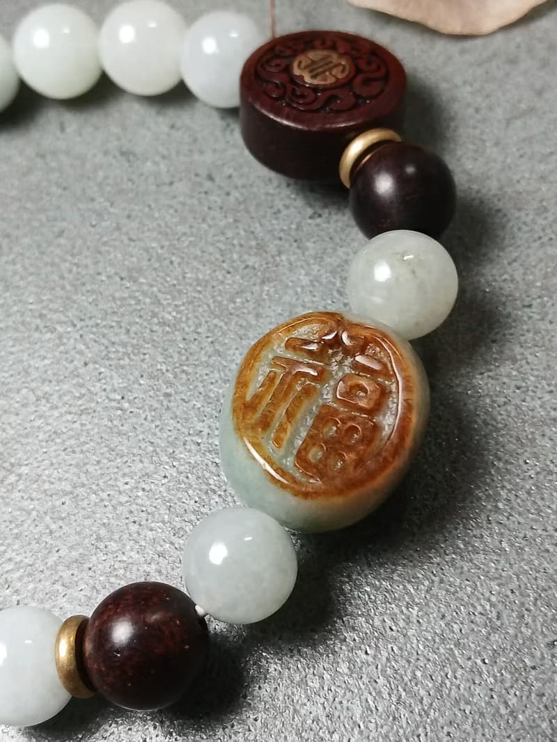 珠串雕刻手鍊-福來運轉 紅皮油青種緬甸玉+黑曜+紫檀