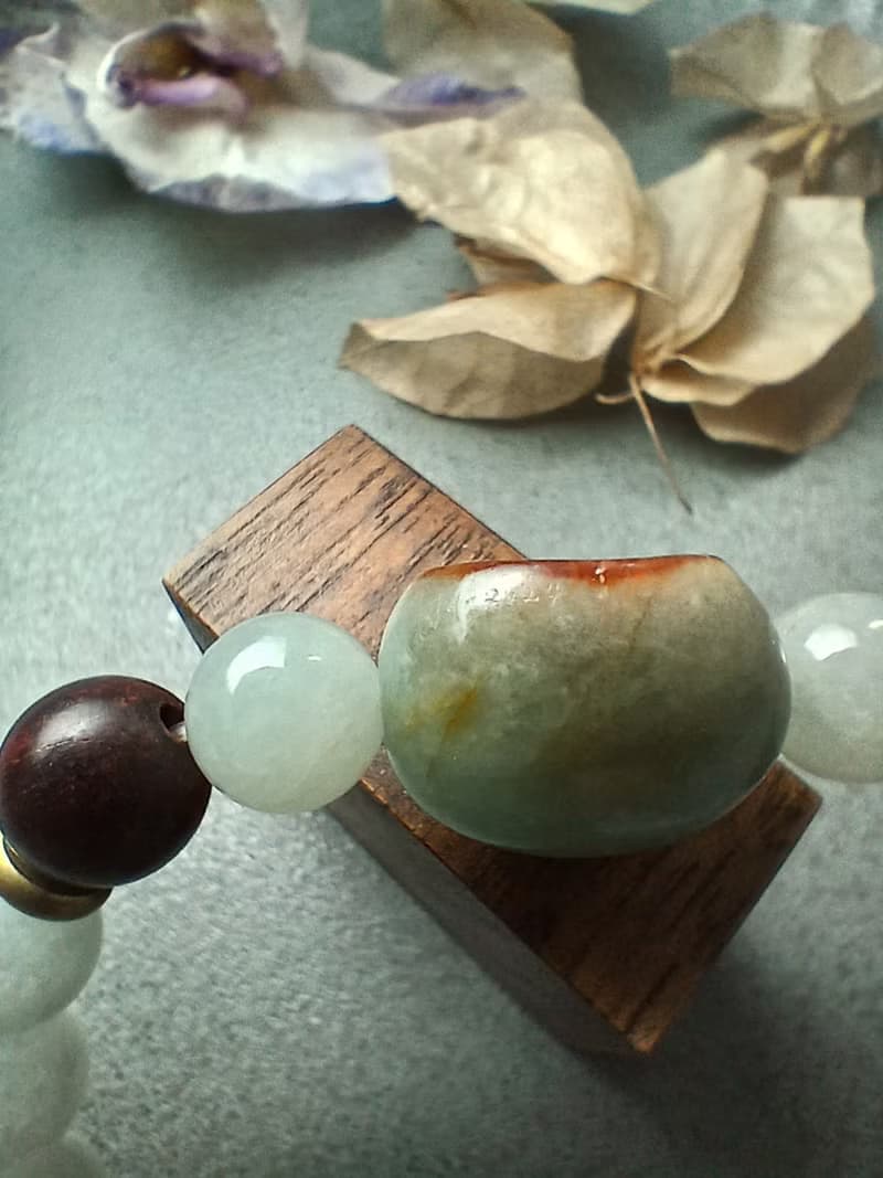 珠串雕刻手鍊-福來運轉 紅皮油青種緬甸玉+黑曜+紫檀