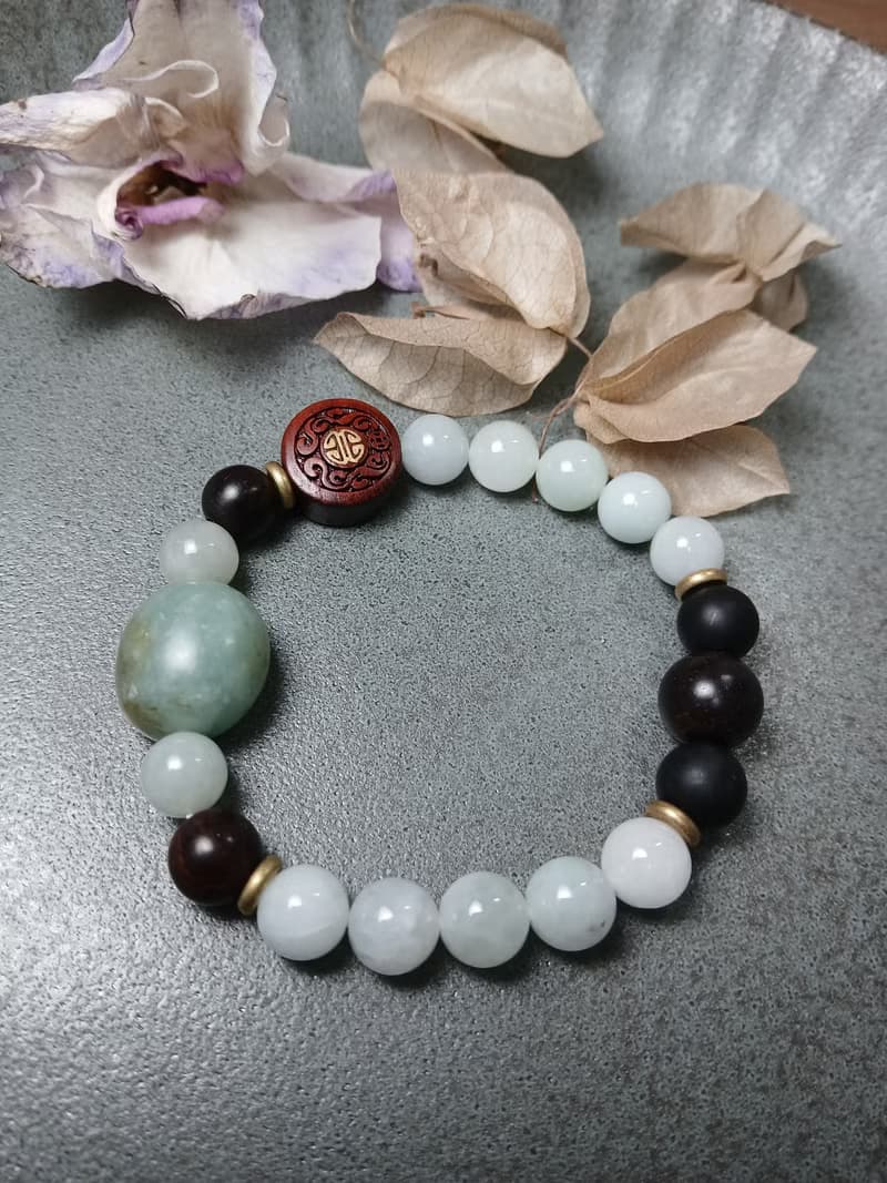 珠串雕刻手鍊-福來運轉 紅皮油青種緬甸玉+黑曜+紫檀