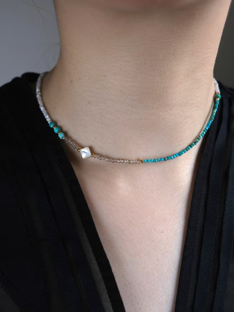 turquoise mother of pearl necklace 天然石ターコイズ マザーオブパール オプシディアン　ブルー　白　チョーカー