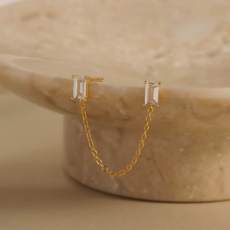 s925銀鍍金鋯石微鑲雙耳洞耳骨釘 歐美風長款鏈條女生耳釘推薦