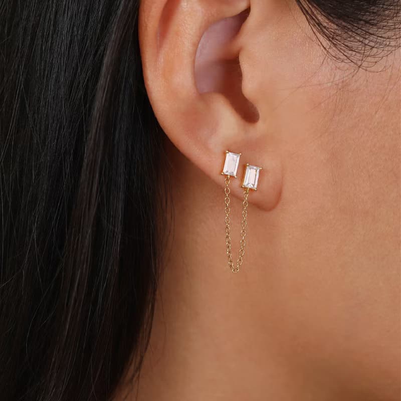 s925銀鍍金鋯石微鑲雙耳洞耳骨釘 歐美風長款鏈條女生耳釘推薦