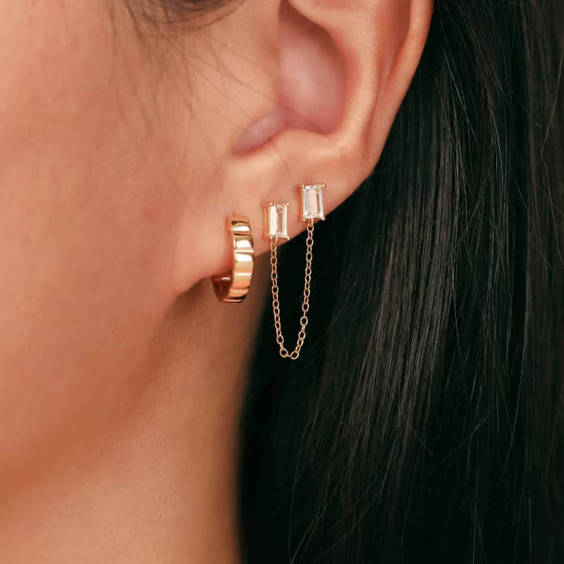 s925銀鍍金鋯石微鑲雙耳洞耳骨釘 歐美風長款鏈條女生耳釘推薦