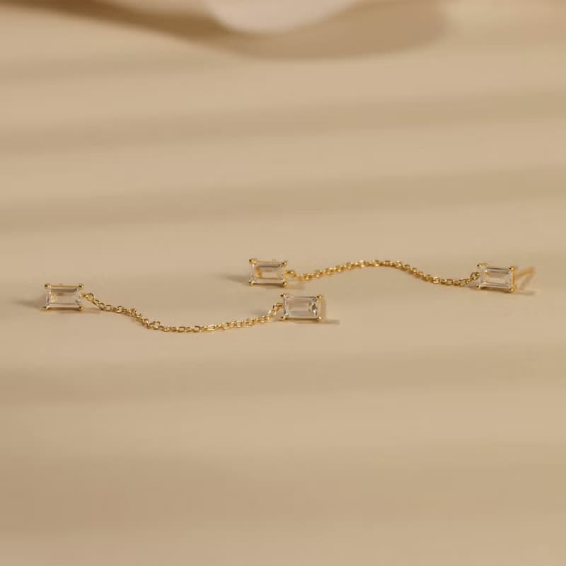 s925銀鍍金鋯石微鑲雙耳洞耳骨釘 歐美風長款鏈條女生耳釘推薦