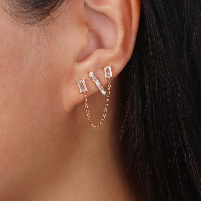 s925銀鍍金鋯石微鑲雙耳洞耳骨釘 歐美風長款鏈條女生耳釘推薦