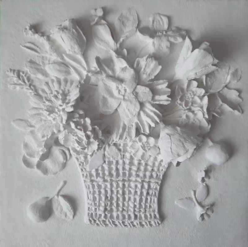 白花牆藝術 3d 雕塑巴洛克式牆藝術 花籃 花牆板 石膏牆藝術 浮雕