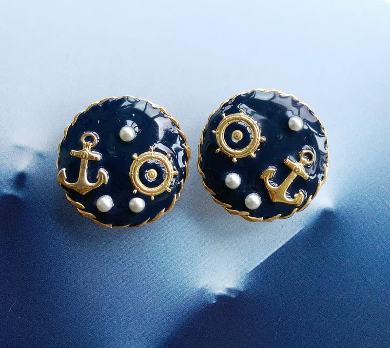 Vintage Jewelry 西洋古董飾品 海洋風 深藍 船舵 船錨 夾式耳環