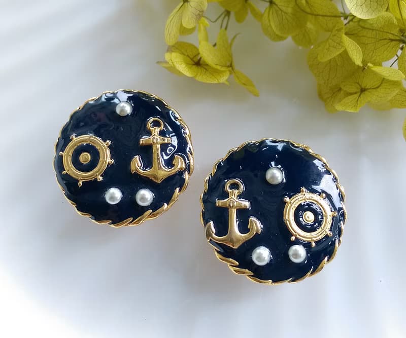 Vintage Jewelry 西洋古董飾品 海洋風 深藍 船舵 船錨 夾式耳環