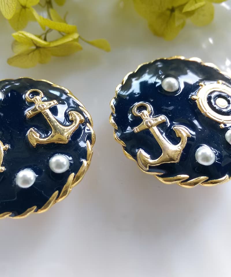 Vintage Jewelry 西洋古董飾品 海洋風 深藍 船舵 船錨 夾式耳環