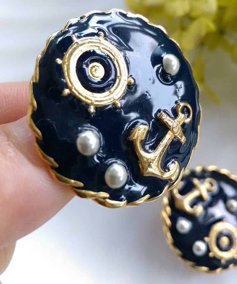 Vintage Jewelry 西洋古董飾品 海洋風 深藍 船舵 船錨 夾式耳環