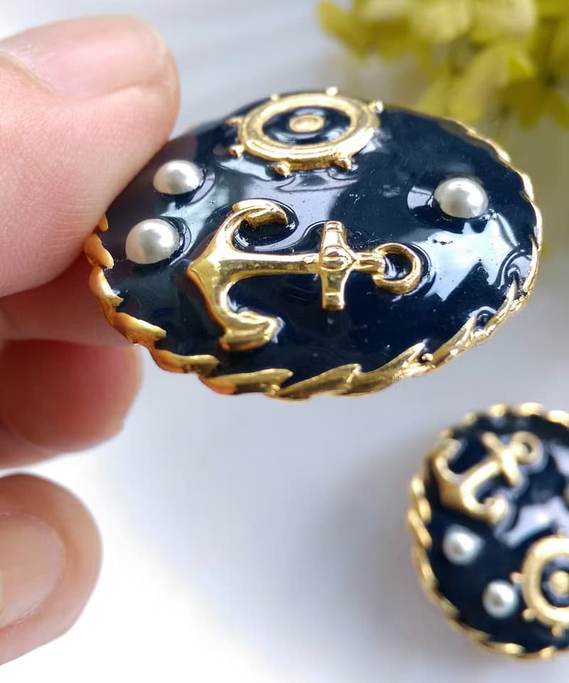 Vintage Jewelry 西洋古董飾品 海洋風 深藍 船舵 船錨 夾式耳環