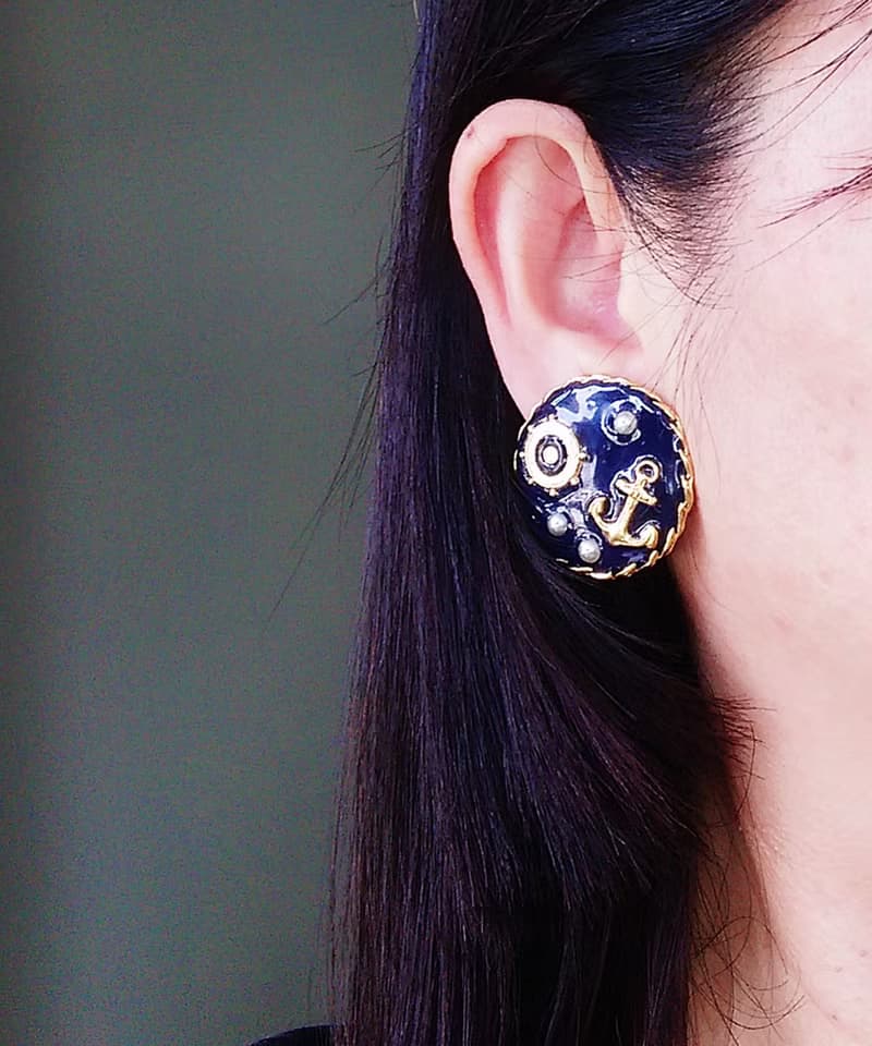 Vintage Jewelry 西洋古董飾品 海洋風 深藍 船舵 船錨 夾式耳環