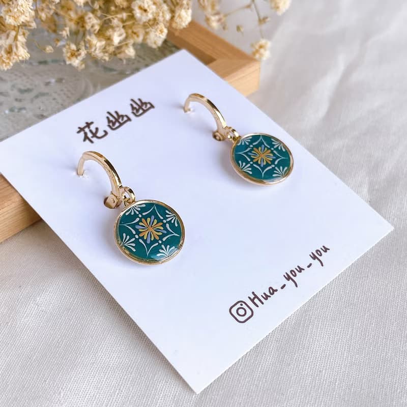 手繪花磚耳環 復古 耳圈款式 s925耳針 手工飾品