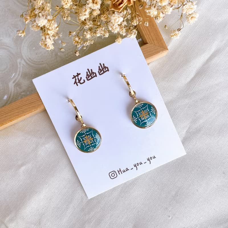 手繪花磚耳環 復古 耳圈款式 s925耳針 手工飾品