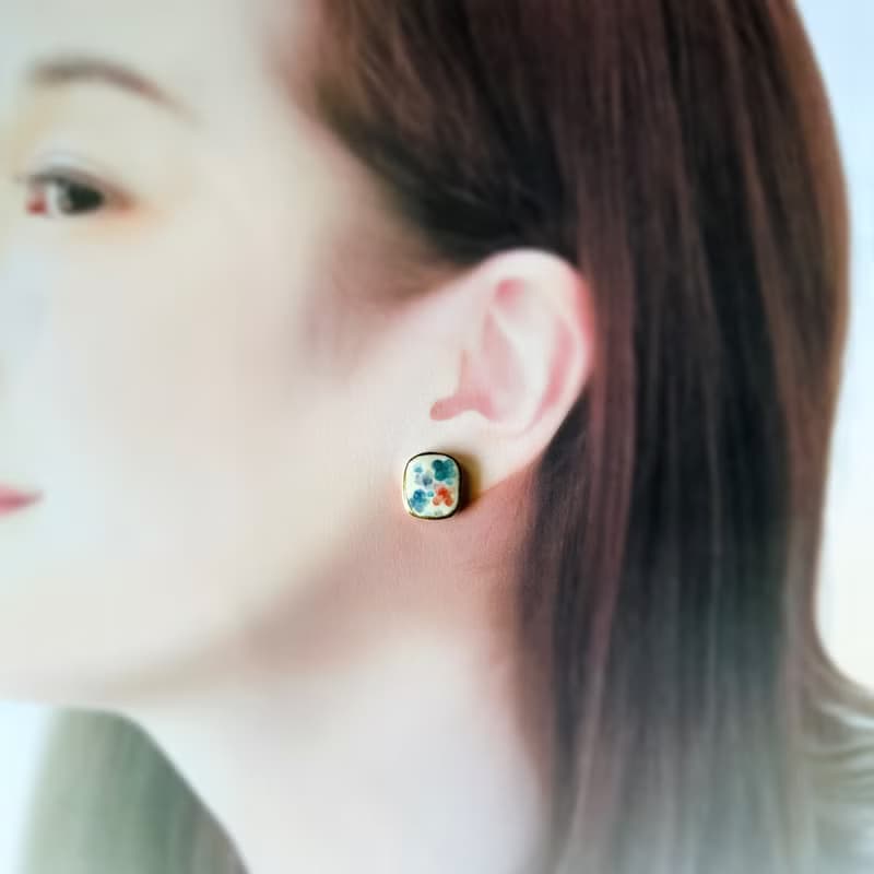 紫陽花 金継ぎ ライン 陶器 ピアス イヤリング ノンホールピアス あじさい スクエア ブルー 青 ゴールド 金 赤 レッド やきもの アジサイ 6月