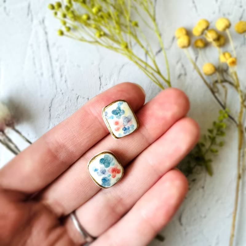 紫陽花 金継ぎ ライン 陶器 ピアス イヤリング ノンホールピアス あじさい スクエア ブルー 青 ゴールド 金 赤 レッド やきもの アジサイ 6月