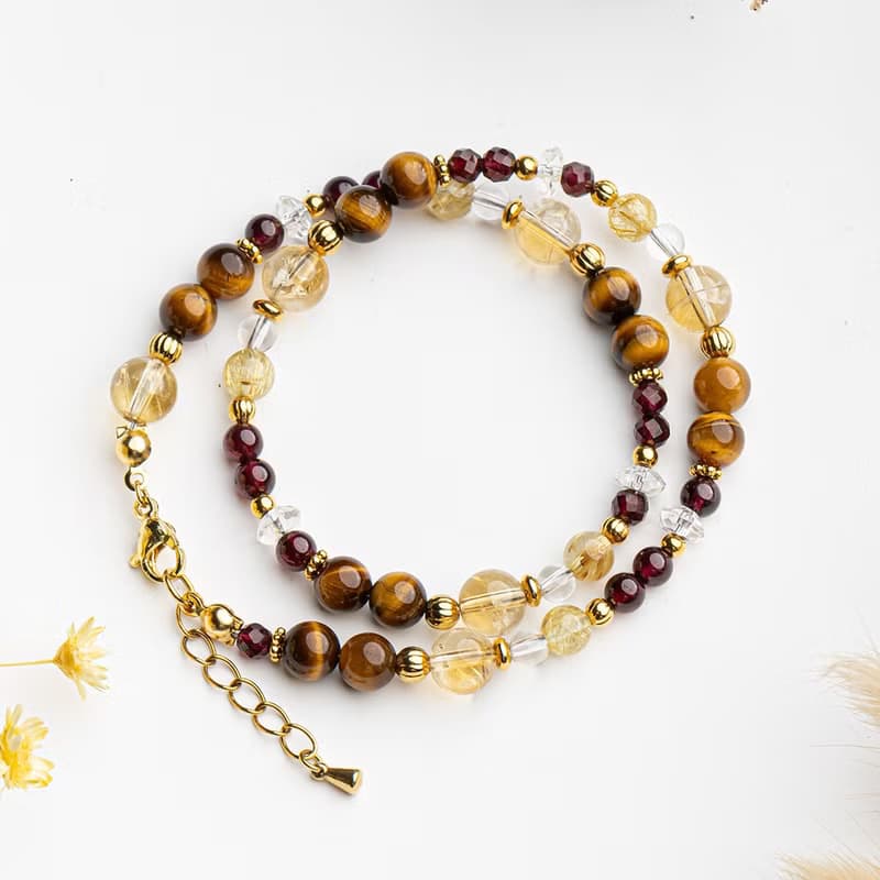 黃水晶-鈦晶-虎眼石│黃銅 雙圈 扣環式 手鍊