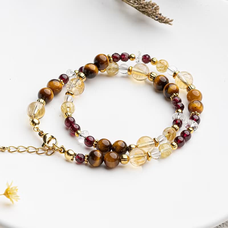 黃水晶-鈦晶-虎眼石│黃銅 雙圈 扣環式 手鍊