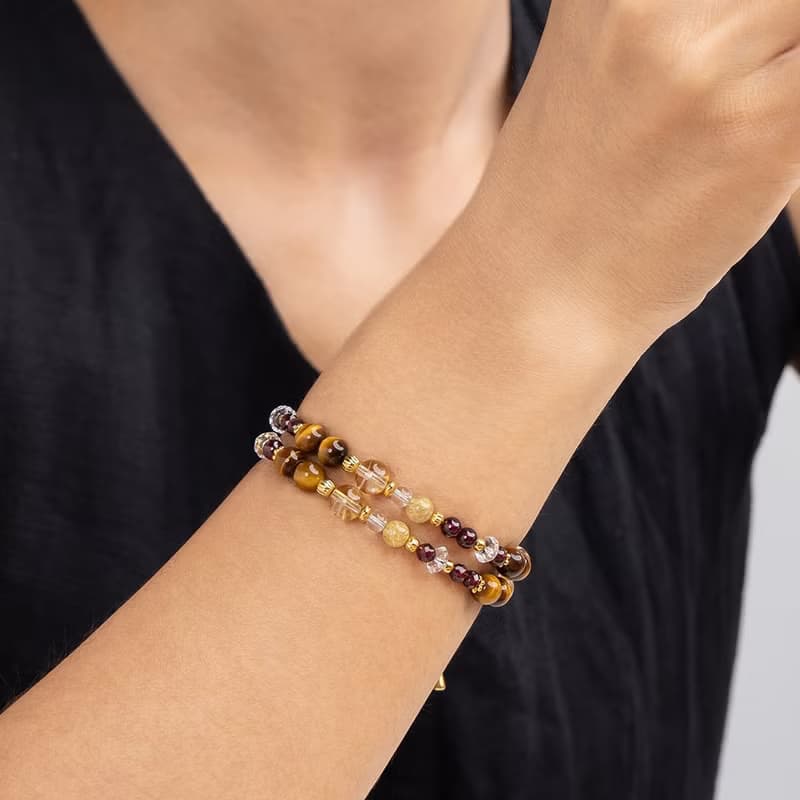 黃水晶-鈦晶-虎眼石│黃銅 雙圈 扣環式 手鍊