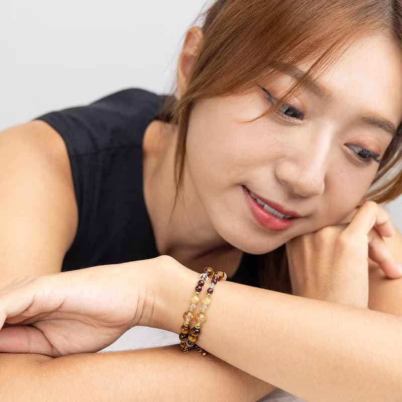 黃水晶-鈦晶-虎眼石│黃銅 雙圈 扣環式 手鍊