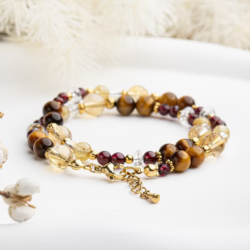 黃水晶-鈦晶-虎眼石│黃銅 雙圈 扣環式 手鍊