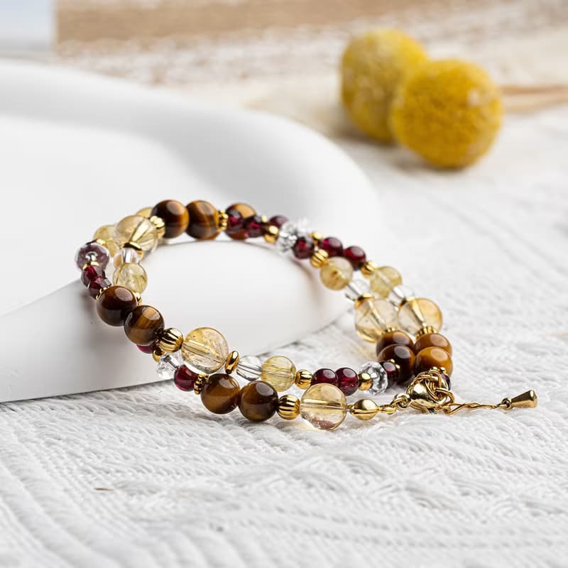 黃水晶-鈦晶-虎眼石│黃銅 雙圈 扣環式 手鍊