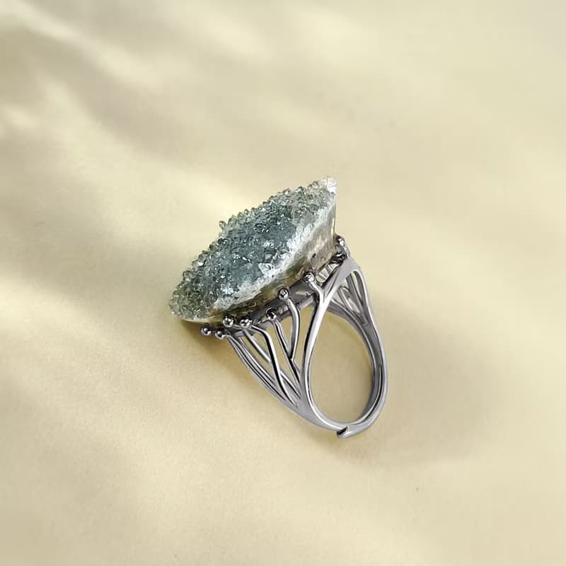碧璽活口戒指 隨形原石標本 星光閃片 綠色水晶手工指環 S925銀