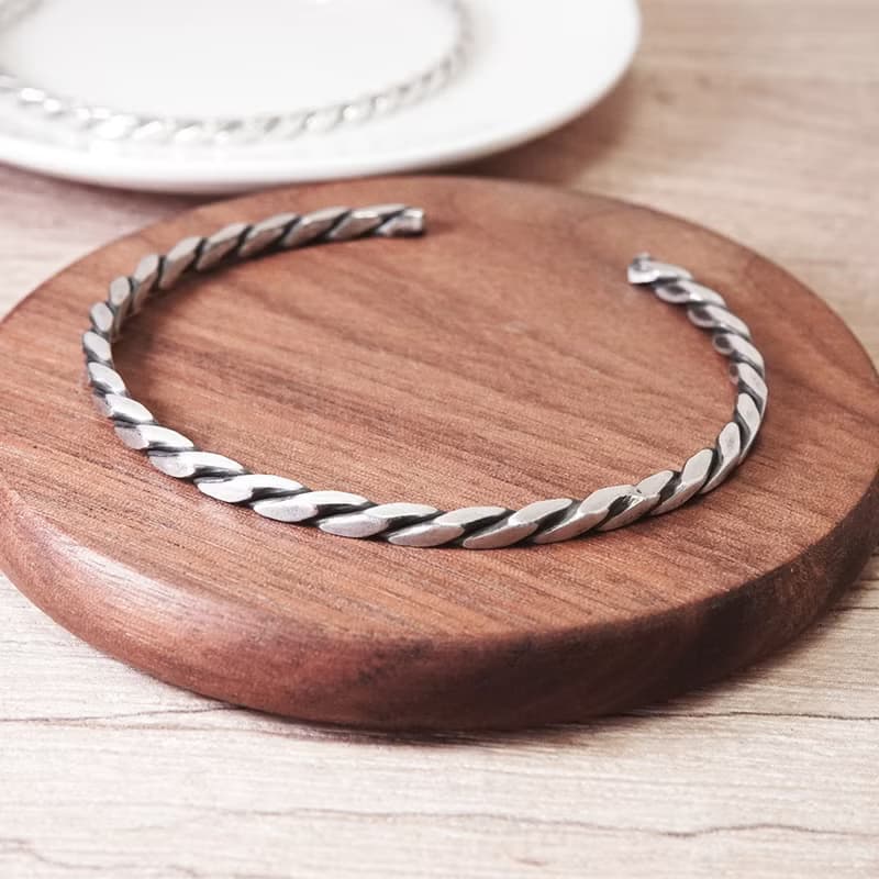 方晶格 麻花手環 霧黑 925純銀手環 開口式 C型手環