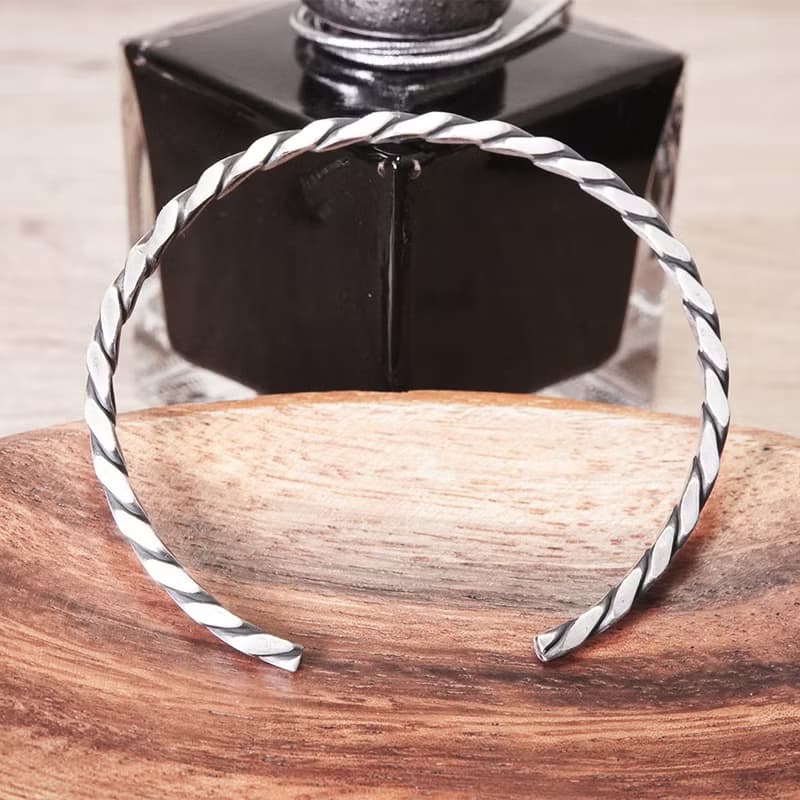 方晶格 麻花手環 霧黑 925純銀手環 開口式 C型手環