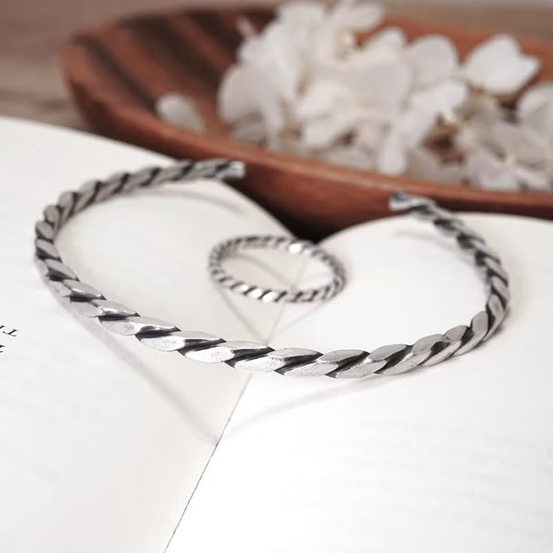 方晶格 麻花手環 霧黑 925純銀手環 開口式 C型手環