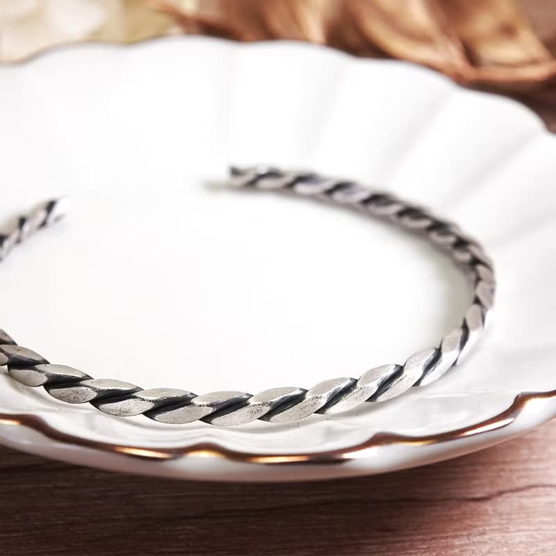 方晶格 麻花手環 霧黑 925純銀手環 開口式 C型手環